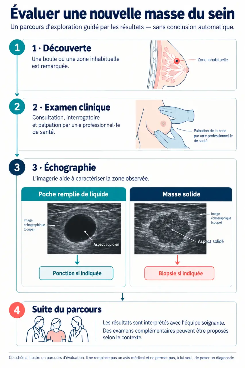 Schéma du diagnostic d’un kyste mammaire et stress avec échographie, ponction et distinction entre masse liquide et masse solide