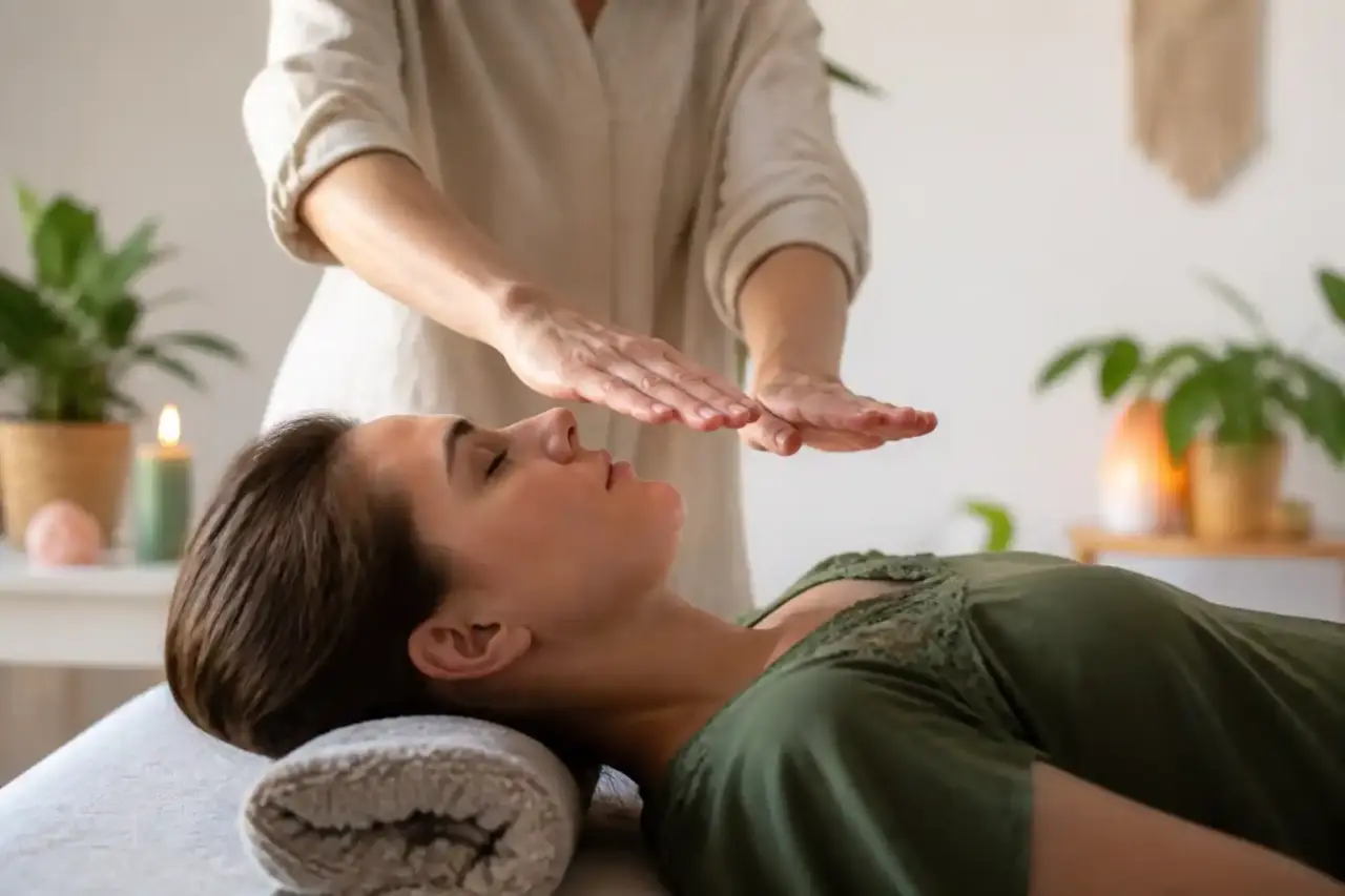 Séance de Reiki dans une atmosphère douce et lumineuse, propice au recentrage et à l'apaisement