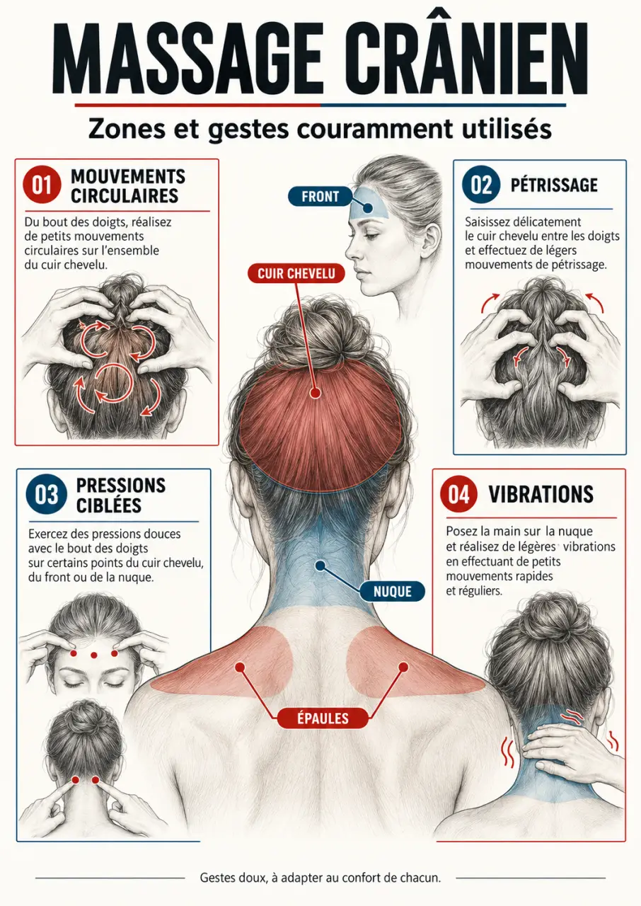 Infographie sur le massage crânien, ses zones massées et ses principaux gestes