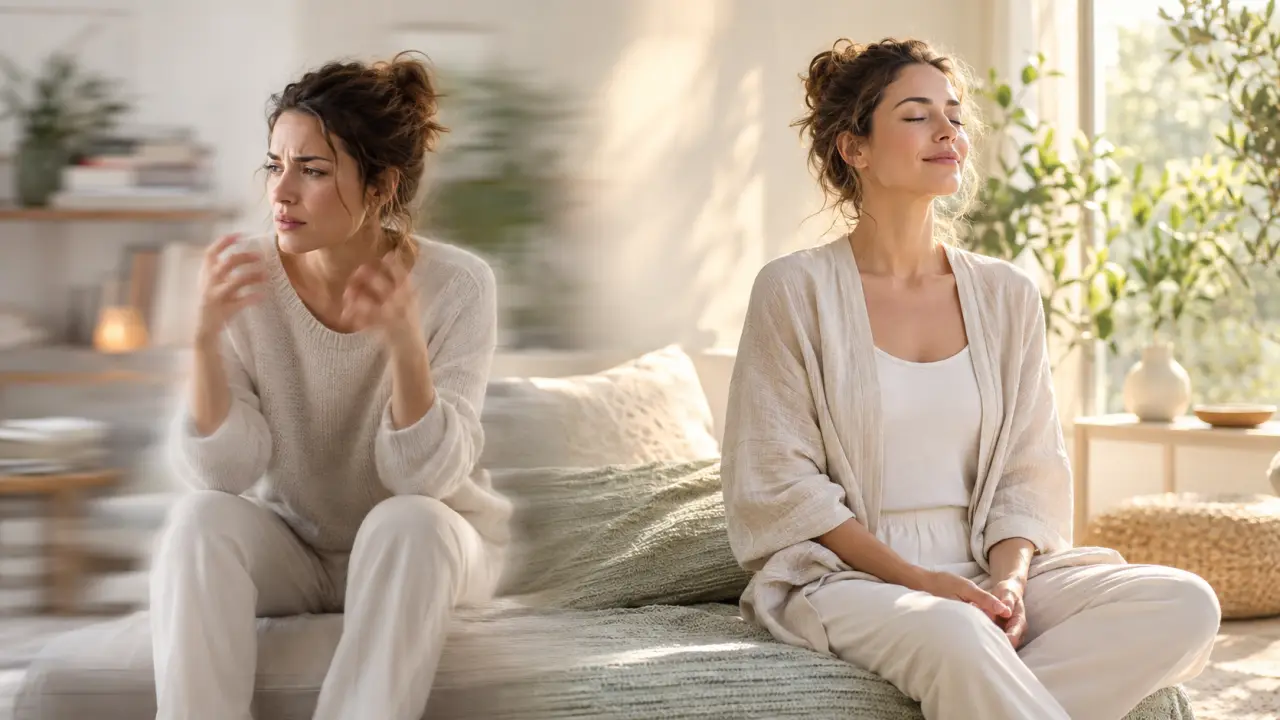 Personne sereine dans une pièce lumineuse après une séance de Reiki