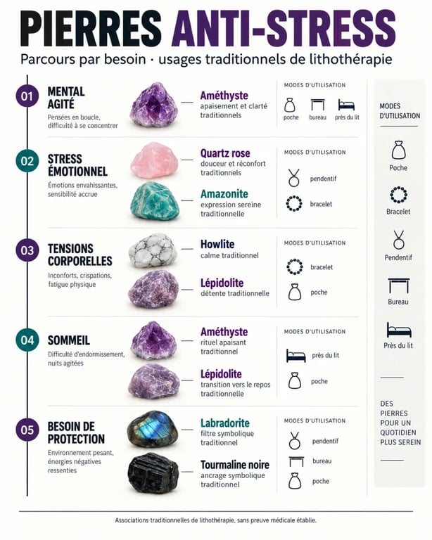 Pierre anti-stress : visuel comparatif des pierres, besoins et modes d'utilisation
