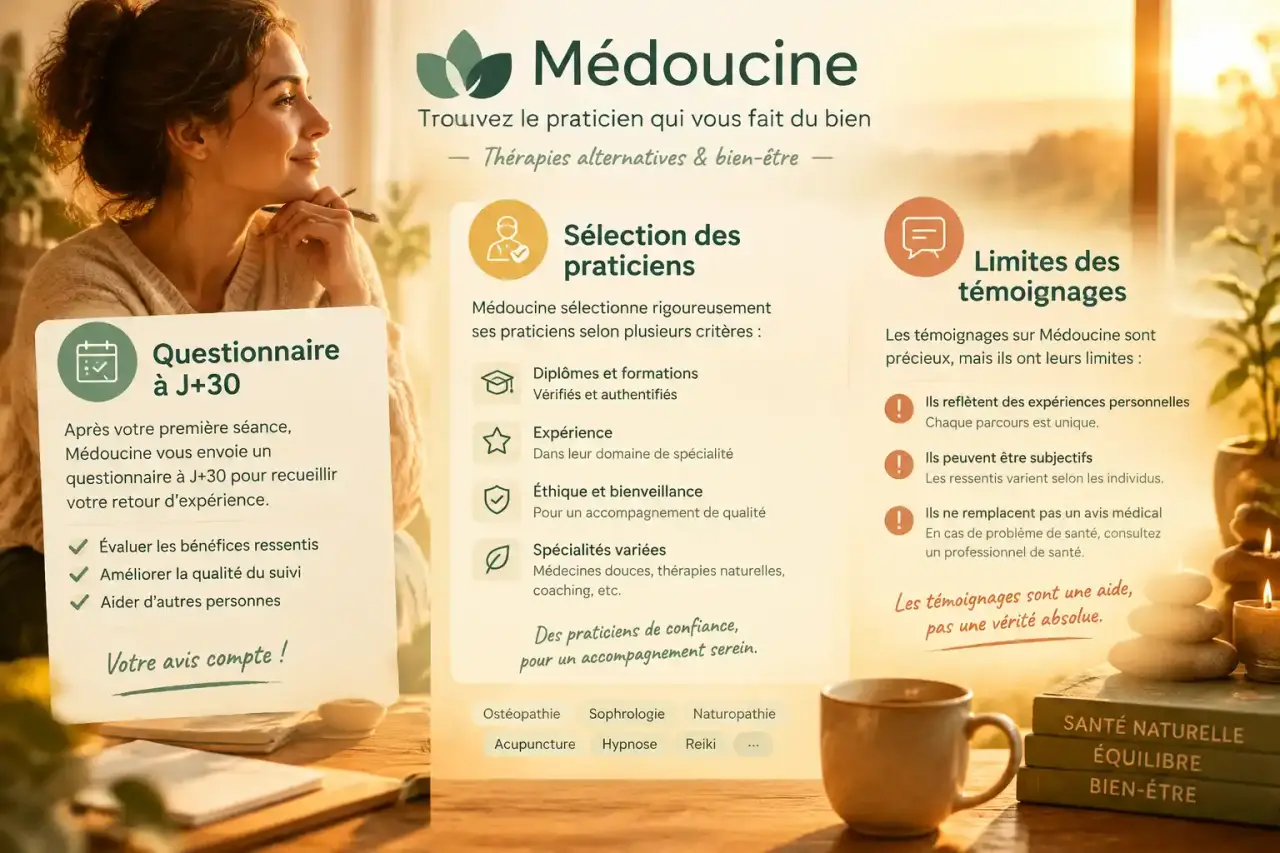 Avis Médoucine : questionnaire à J+30, sélection des praticiens, limites des témoignages