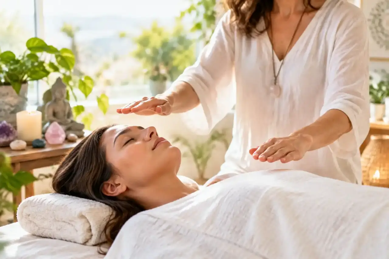 Pièce de méditation lumineuse préparée pour une séance de Reiki