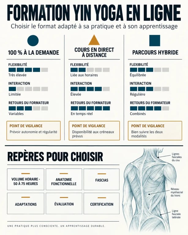 Infographie sur les formats d’une formation Yin Yoga en ligne et ses critères de choix