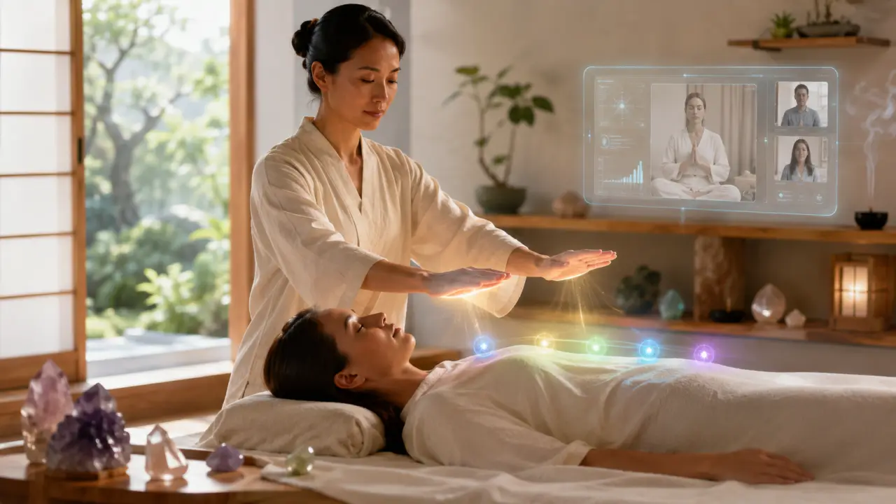 Ambiance zen d'une séance de Reiki dans une pièce lumineuse et apaisante