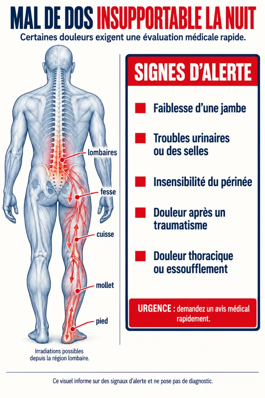 Infographie sur le mal de dos insupportable la nuit, les irradiations et les signes d’urgence