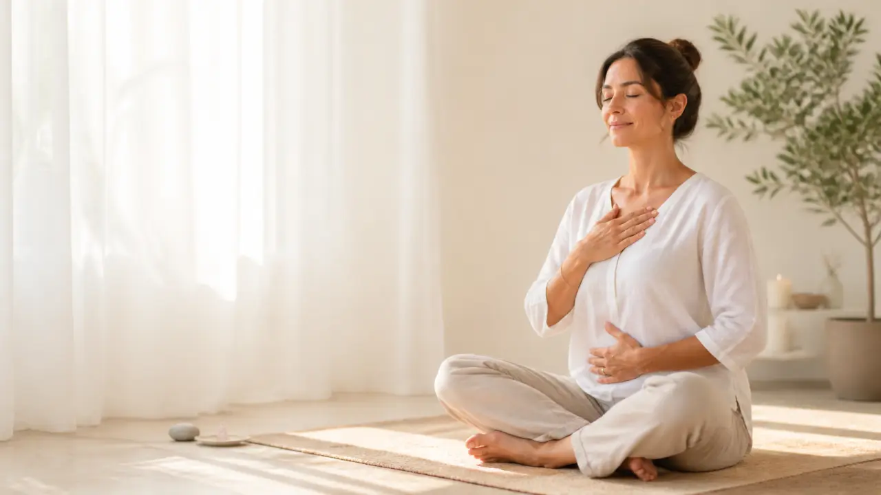 Personne apaisée dans une pièce lumineuse pendant une pratique de Reiki