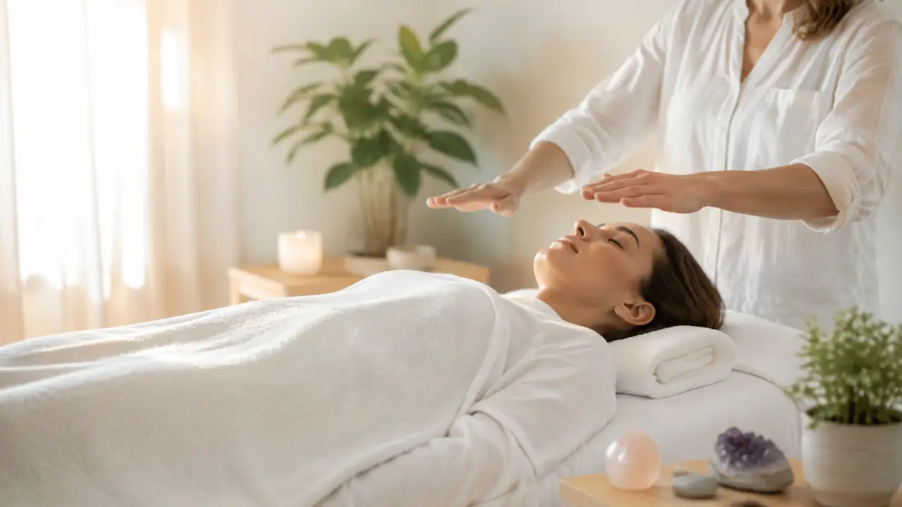 Ambiance douce d'une séance de Reiki avec lumière naturelle, plantes vertes et atmosphère apaisante