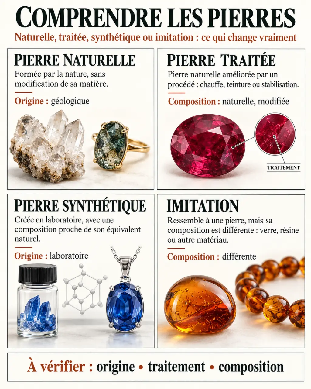 Lithothérapie site sérieux : différence entre pierre naturelle, pierre traitée, pierre synthétique et imitation