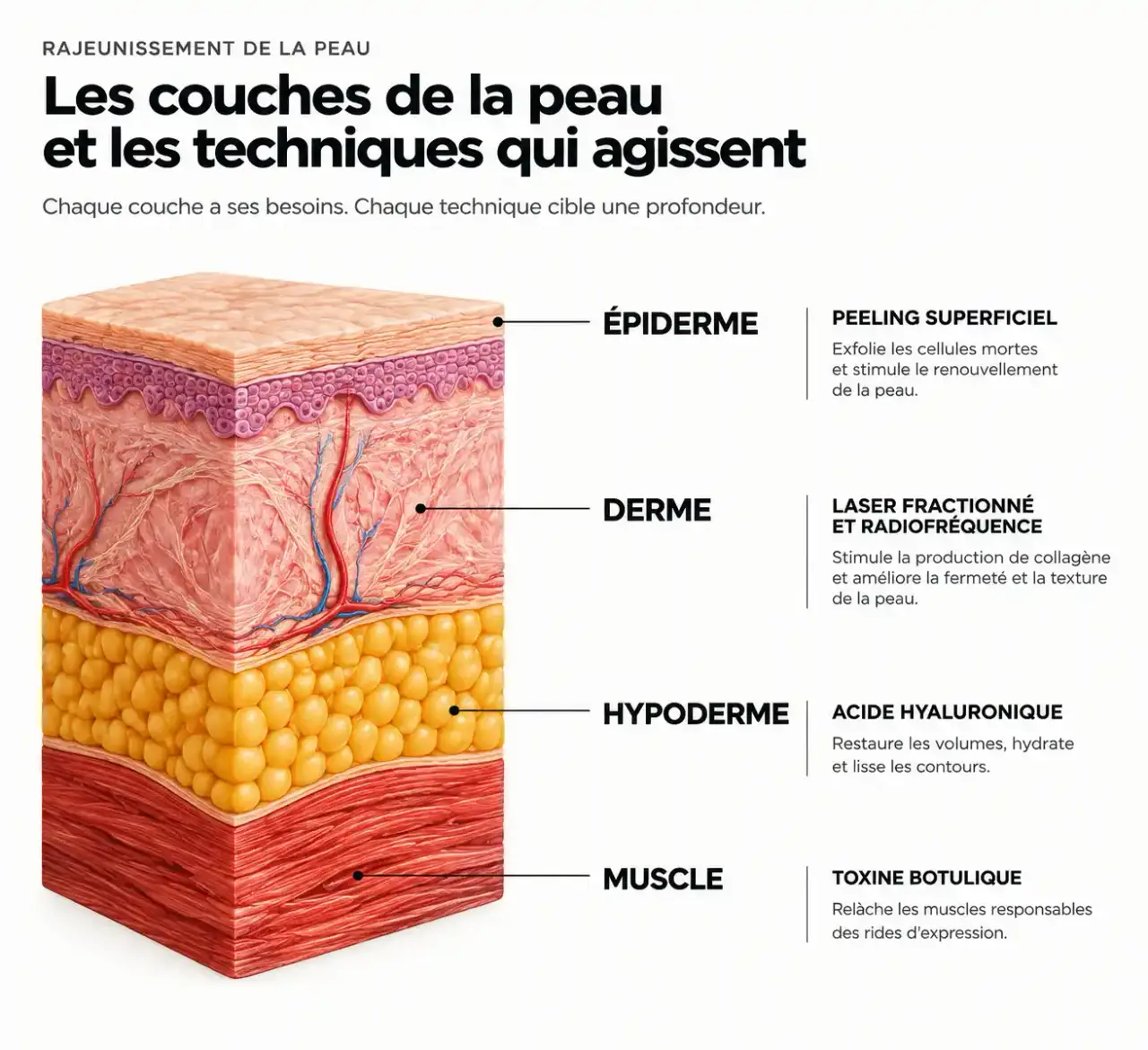 Schéma des couches de la peau et des soins pratiqués par la dermatologue Dr Martine Lancri selon la profondeur d'action
