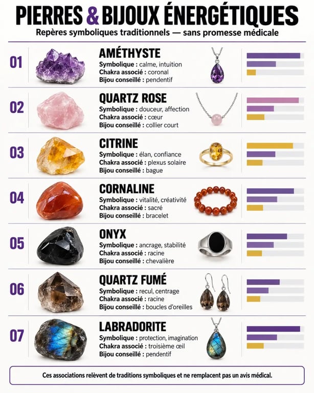 Bijou énergétique : tableau visuel des pierres, chakras et bienfaits symboliques
