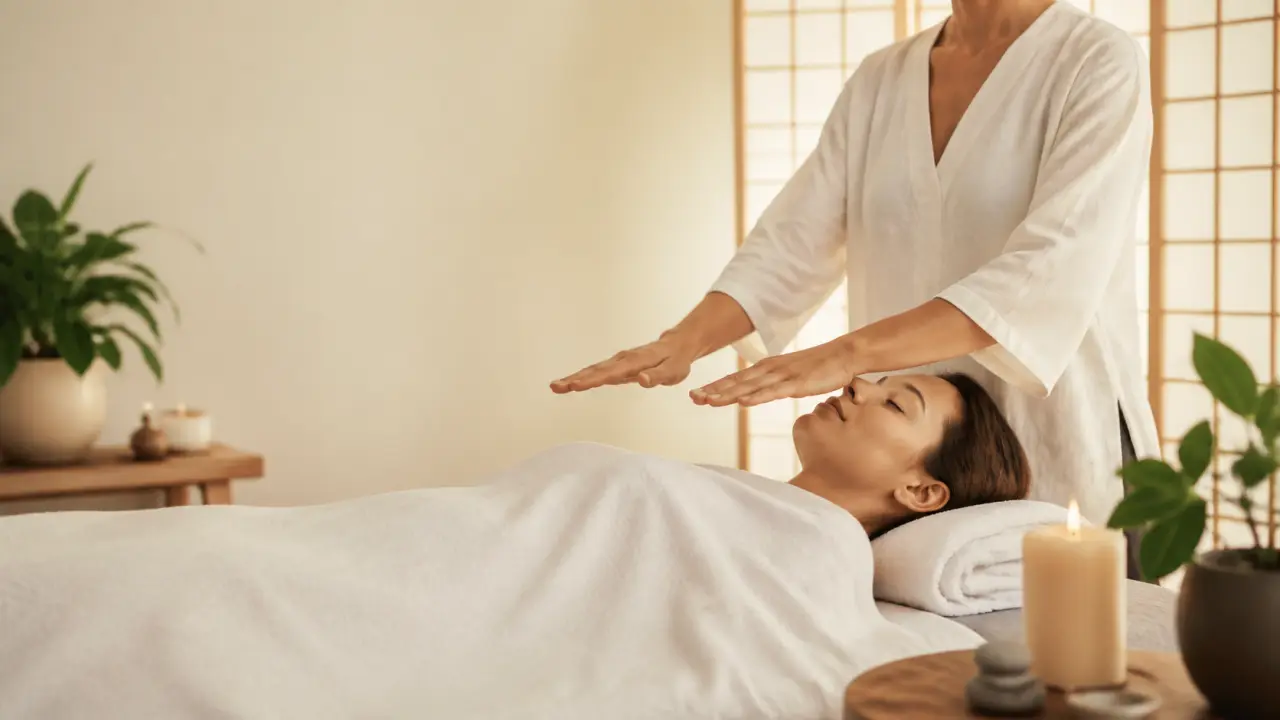 Ambiance douce et apaisante pour une première séance Reiki