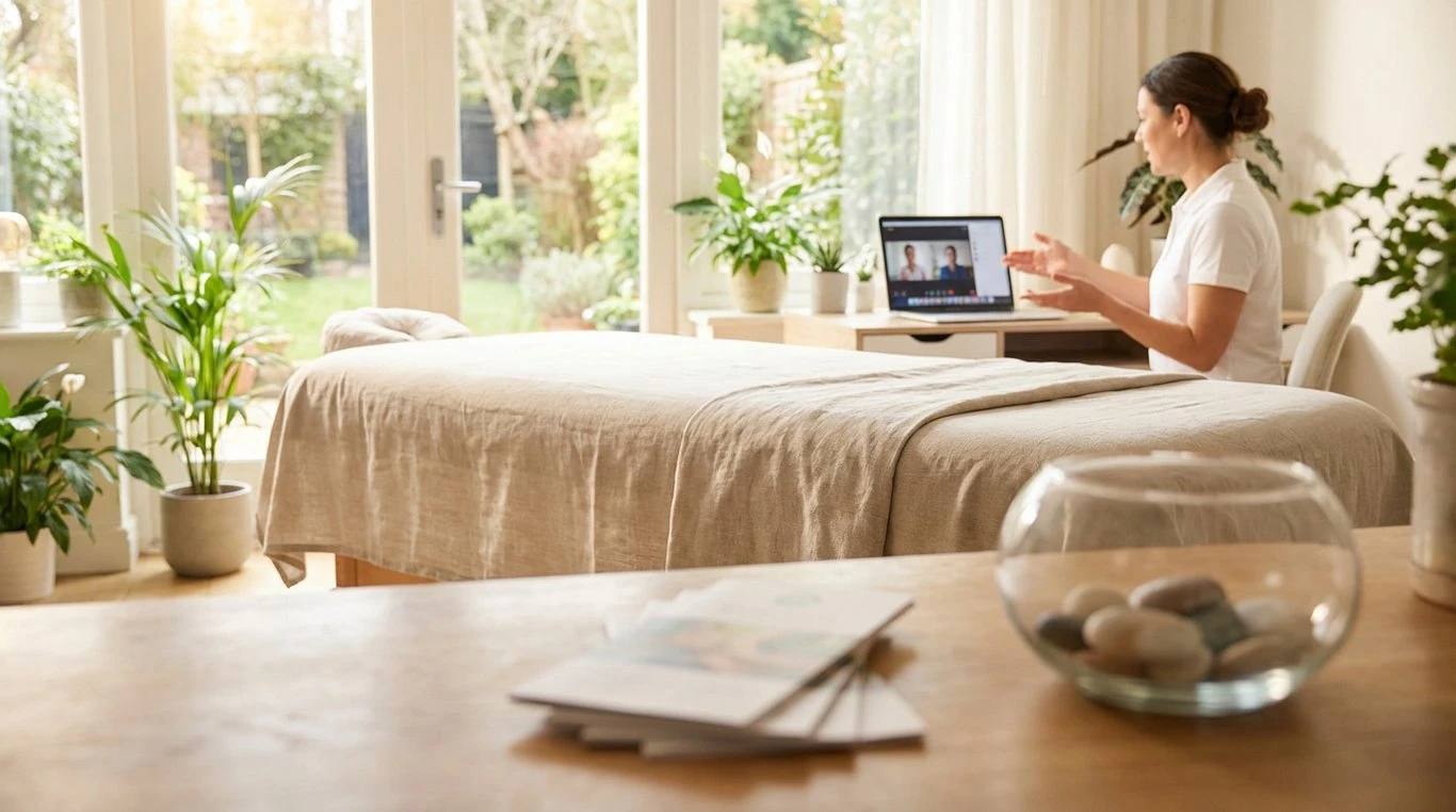 Table de massage confortable préparée pour un soin Reiki