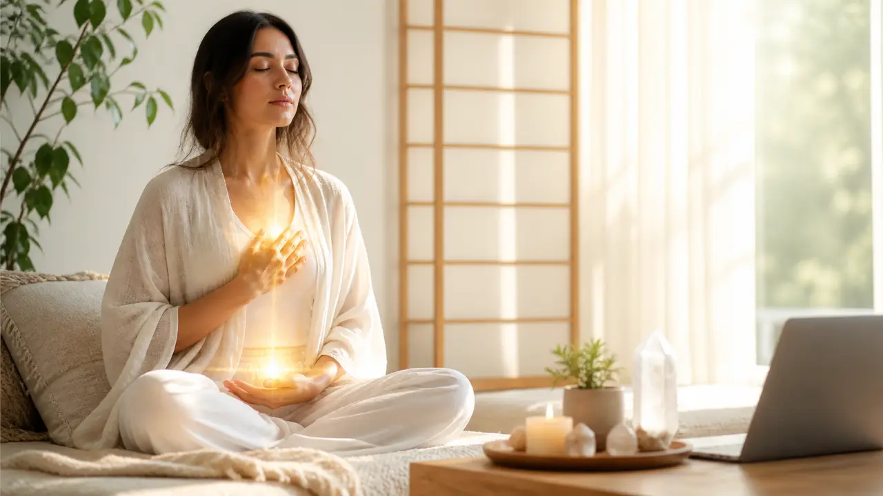 Scène apaisante de Reiki à distance dans une ambiance lumineuse et chaleureuse