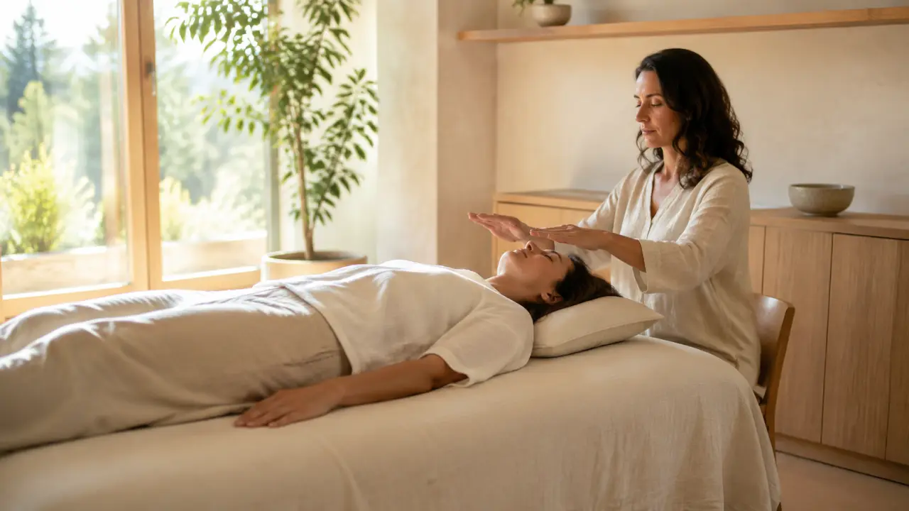 Personne allongée dans un espace calme pendant une séance de Reiki