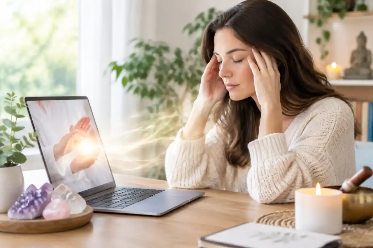 Espace paisible préparé pour une séance de Reiki à distance