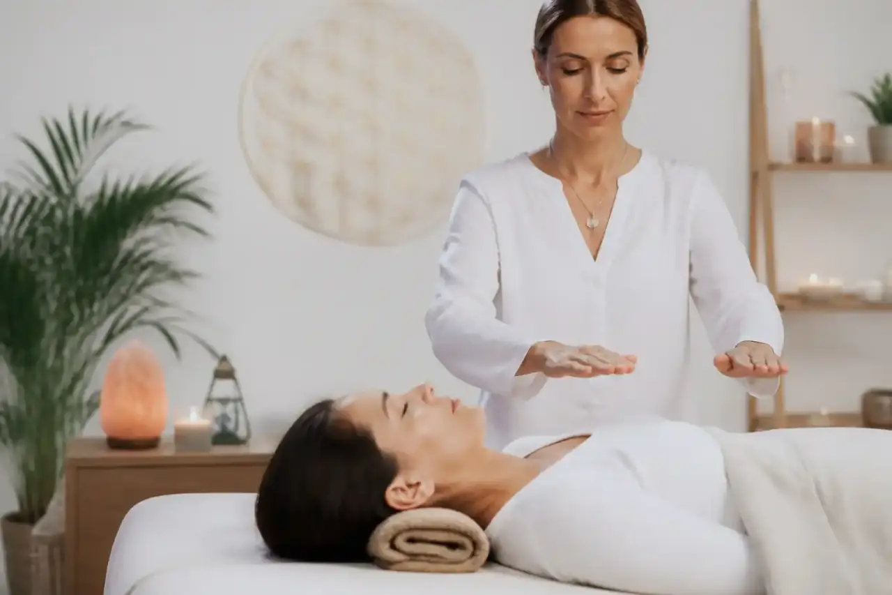 Rituel de préparation avant une séance de Reiki, ambiance douce et apaisante