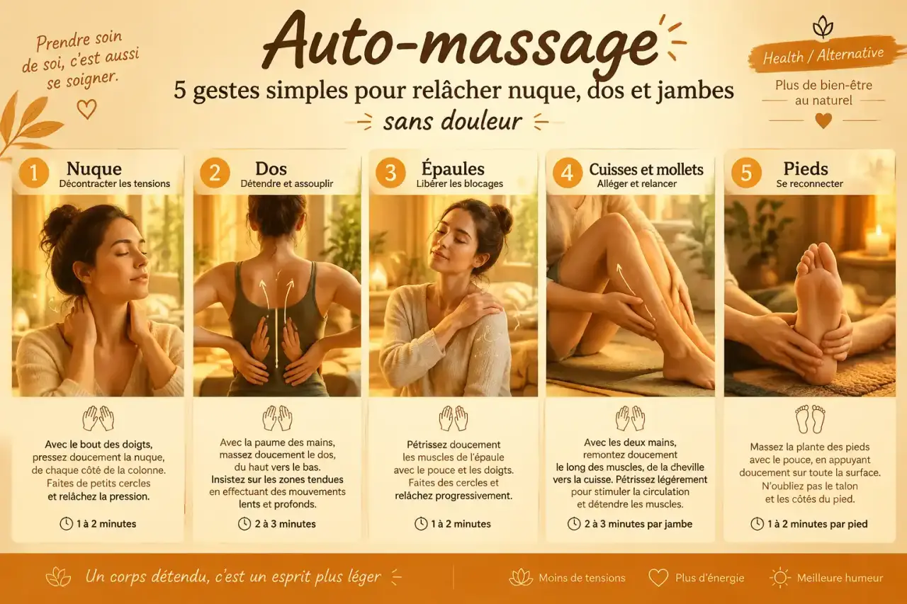 Auto-massage : 5 gestes simples pour relâcher nuque, dos et jambes sans douleur